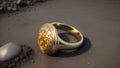 A golden ring with a yellow gemstone on a gray, dry ground. A lost piece of jewelry in the desert. Generated AI.