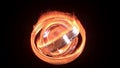Golden rings in fire rotate endlessly on a black back 3d