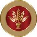 Golden ripe wheat sheaf in circle on red background.