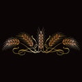 Golden ripe wheat sheaf ears on black background. Decorative element for label design, brand icon or logo template. Royalty Free Stock Photo