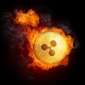 Golden Ripple coin falling in fire flame.