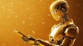 Golden robot analyzing data on tablet in futuristic setting with ambient lighting