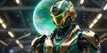 Golden robot showcases palm energy source, showcases the power of future humanoid robots, AI generated