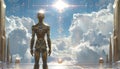 A golden robot stands in a vast, white, cloudy landscape