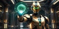 The golden robot is studying the holographic model of the Earth ,robots open their arms to embrace future AI generate