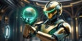 The golden robot is studying the holographic model of the Earth ,robots open their arms to embrace future AI generate