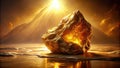 Golden rock formation at sunset a radiant, glowing stone rests on a flat rock surface, bathed in the warm light of a setting sun Royalty Free Stock Photo