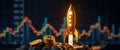 Golden rocket taking off over a stack of cryptocurrency coins Royalty Free Stock Photo