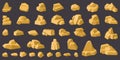 Golden rocks. Gold geology mountain pebble, stone gravel, rocks pile, game design golden rocks isolated vector