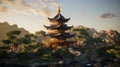 Golden roof pagoda in lush green background