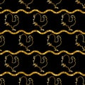 Golden Rooster on a black background. Gold glitter. Seamless pattern.