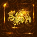 Golden rooster on dark brown background. stylized drawing. greet