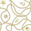 Golden Ropes and Sea Objects Seamless Pattern.