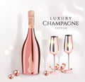 Golden rose champagne bottles with wine glasses, luxury festive alcohol products for celebration, vector illustration. Royalty Free Stock Photo