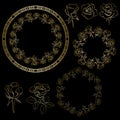 Golden vector roses and frames of flowers - floral set