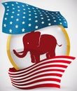 Golden Round Button with Elephant and American Flag Around it, Vector Illustration