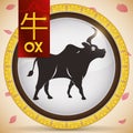 Button with Chinese Zodiac Ox and Fixed Element: Earth, Vector Illustration