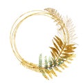 Golden round frame with hand drawn golden tropical fern branches and leaves on white background Royalty Free Stock Photo