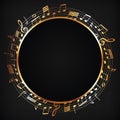 Golden round frame with music notes on dark background