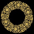 Golden round frame, vignette. Gold glitter vector geometric border, bas-relief. Elegant decoration, ornament, motif