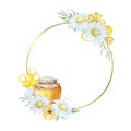 Golden round frame with watercolor daisies and honey