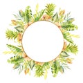 Golden round frame of watercolor tropical green plants, leaves and flowers Royalty Free Stock Photo