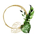 golden round frames with watercolor green tropical leaves. abstract frame with gold splashes and palm leaves, monstera Royalty Free Stock Photo