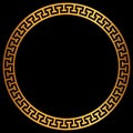 Golden round greek frame. Golden circle frames with traditional patterns isolated on black background. Greece circular ornament.