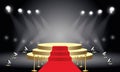 Golden round podium. Pedestal with red carpet for the award ceremony. The platform is illuminated by spotlights. Vector