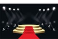 Golden round podium. Pedestal with red carpet for the award ceremony. The platform is illuminated by spotlights. Vector illustrati