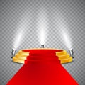 Golden round podium with red carpet and illumination