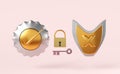 Golden round shield check and shield insecure with gold lock,key isolated on pink background.Internet security or privacy