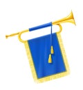 Golden royal horn trumpet with blue banner. Musical instrument for king orchestra.