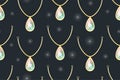 Golden royal luxury necklace with emerald or diamond precious gem stone. Vector seamless pattern, cartoon women\'s pendant, Royalty Free Stock Photo