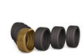 Golden and rubber tires on white background.3D illustration.