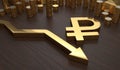 Golden ruble symbol and arrow down. 3D rendered illustration