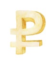 Golden ruble symbol on white background , Watercolor illustration painting Royalty Free Stock Photo