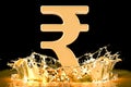 Golden rupee symbol with gold splashing, 3D rendering