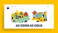 Golden Rush and Gold-washing Landing Page Template. Prospector Characters Panning for Nuggets in Stream