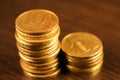 Golden russian ruble coins pile. Russian currency Royalty Free Stock Photo