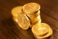 Golden russian ruble coins pile. Russian currency Royalty Free Stock Photo