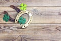 Golden and rusty horseshoes and clover leaves on old wooden boar Royalty Free Stock Photo