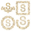 Golden S letter ornamental monograms set. Heraldic symbols in wreaths, square and round frames