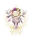 Golden sacred geometric circles, triangles, deer animal skull, dream catcher, flowers and feathers. Watercolor for