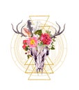 Golden sacred geometric tattoo - triangles, circles, deer animal skull, flowers, feathers. Watercolor for sacral science