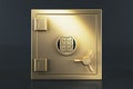 Golden safe vault with digital keypad and combination lock on dark background. Secure money deposit and finance protection concept