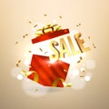 Golden sale inside open red gift box. Sale and promotion banner concept.