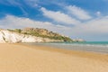 Golden sand beach of Vieste with Pizzomunno rock, Gargano peninsula, Apulia, South of Italy Royalty Free Stock Photo