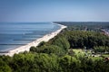 Golden sand beach with wooden breakwaters in Trzesacz, Baltic sea, Poland.