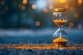 Golden sand hourglass on twilight backdrop. Time passing concept, urgency Royalty Free Stock Photo